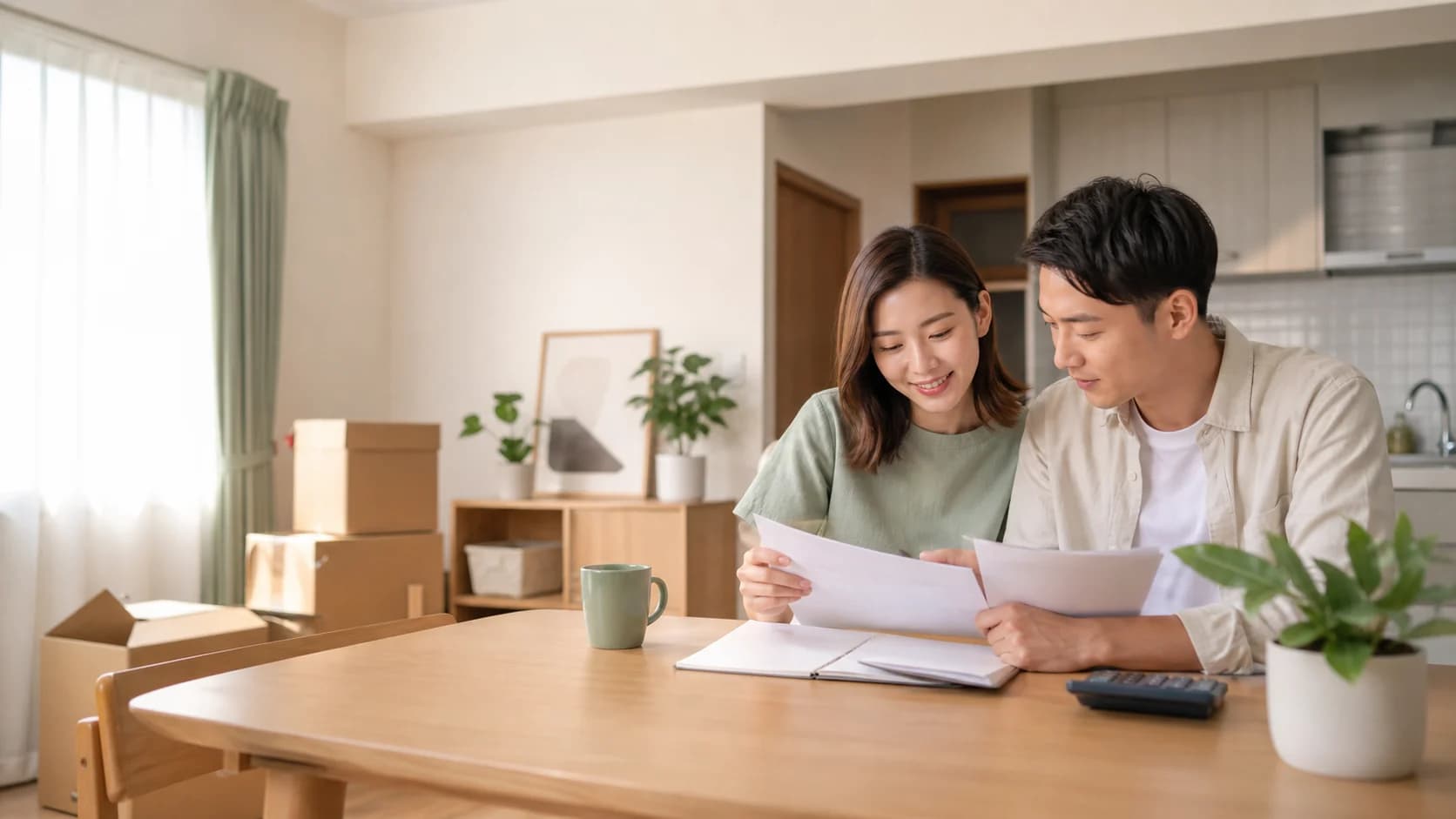 伴侶在明亮家中一起整理預算，為未來生活保留安心餘裕